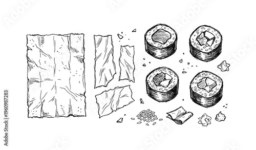 Illustration of sushi roll ingredients including nori, rice, and fish