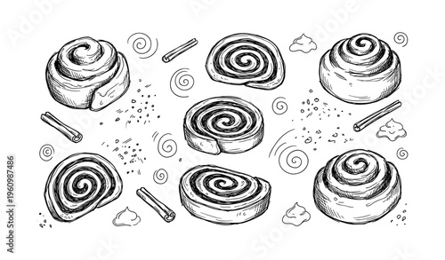 Hand-drawn cinnamon rolls pattern with spirals, sticks, and swirls
