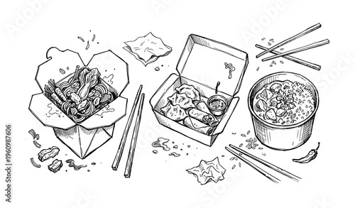 Hand-drawn takeout noodles spring rolls rice chopsticks asian cuisine sketch