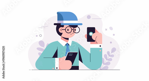 A stylized man in a hat and glasses holds two phones, interacting digitally