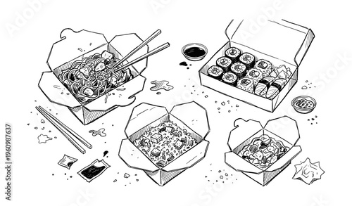Hand-drawn asian takeout meal with noodles, sushi, and rice in boxes