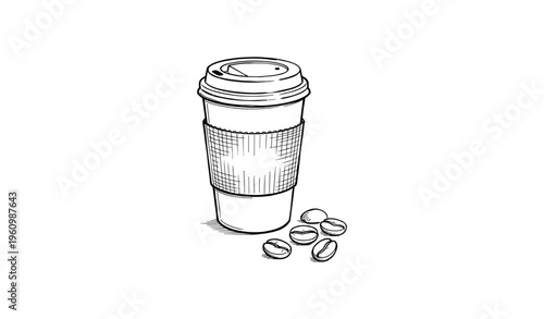 Hand-drawn disposable coffee cup with sleeves and coffee beans