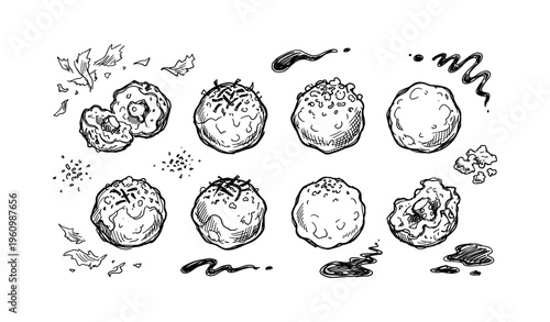 Hand-drawn black and white depiction of muffins with various toppings and textures