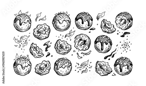 Hand-drawn sketch of assorted truffles and chocolate balls with drizzle and crumbs