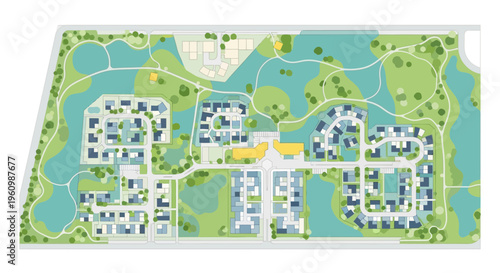Architectural Site Plan of a Modern Residential Development with Integrated Green Spaces, Ponds, and Sustainable Community Layout