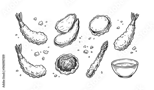 Hand-drawn tempura illustrations featuring shrimp and vegetables