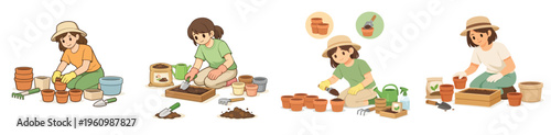 Vector of a woman preparing a pot or small planting area. Vector, flat, illustration, minimalist, icon, icon set