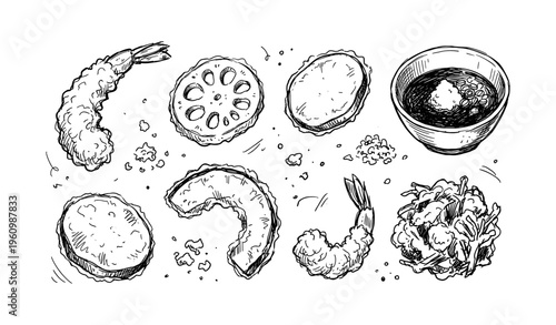 Hand-drawn selection of various tempura pieces with sauce