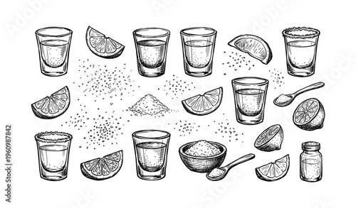Assorted tequila shots with salt, lime slices, and condiments