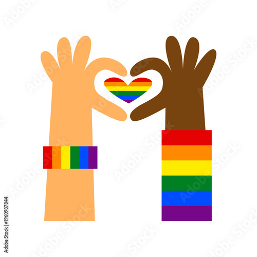Diverse hands form love hand gesture with rainbow heart. Queer and heterosexual friendship. LGBTQ pride, queer rights, visibility and awareness concept. Inclusion and diversity illustration.
