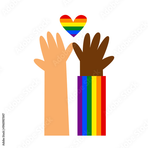 Diverse hands with pinkie promise friendship gesture with rainbow heart. Queer and heterosexual friendship. LGBTQ pride, queer rights, visibility and awareness concept. Inclusion and diversity.
