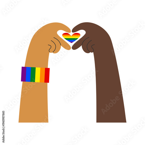 Diverse hands show love gesture with rainbow heart. Queer and heterosexual friendship. LGBTQ pride, queer rights, visibility and awareness concept. Inclusion and diversity illustration.