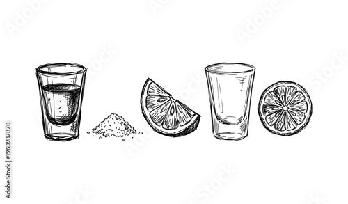 Tequila shot glass with lime wedge and salt sketch in black and white