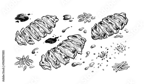 Black and white sketch of grilled meat slices and seasonings on white background