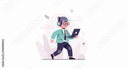 Animated figure in headphones runs with laptop and a troubled expression