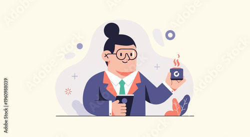 Animated person in business attire holding coffee and tablet