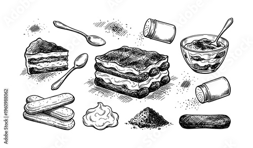 Hand-drawn tiramisu ingredients and slices in vintage style
