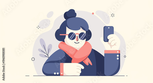 Animated person in stylish attire capturing a selfie with their phone