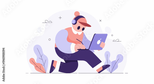 Animated character with headphones on laptop surrounded by abstract shapes and plants