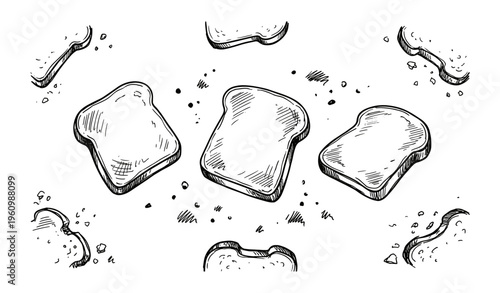 Hand-drawn toast slices and crumbs sketch on white background