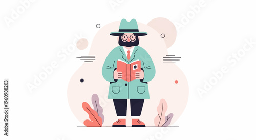 Bearded man in hat and coat holding an open book, surrounded by abstract shapes