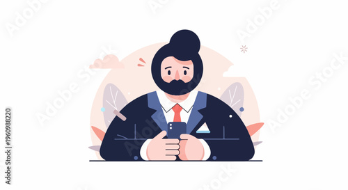Bearded man in suit using mobile phone in a minimalist, abstract setting