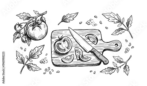 Hand-drawn tomato and knife on cutting board with leaves