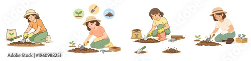 Vector of a woman preparing the soil by loosening it with a small shovel. Vector, flat, illustration, minimalist, icon, icon set
