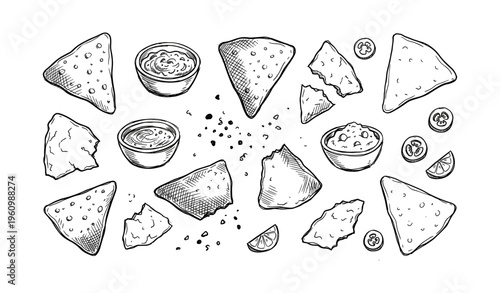 Hand-drawn nachos and dips illustration with tomato and lime slices