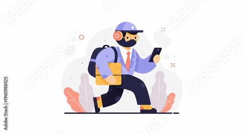 Cartoon figure in motion with package, phone and headphones on head