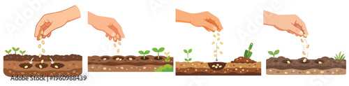 Vector of a hand sowing seeds into the soil. Vector, flat, illustration, minimalist, icon, icon set