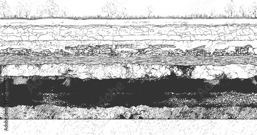 Cross section of earth layers showing soil rock and vegetation above ground