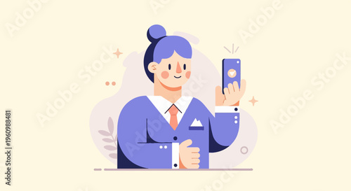 Stylized person in suit holding phone, taking picture