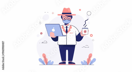 Stylized person in hat and mask holds laptop and coffee