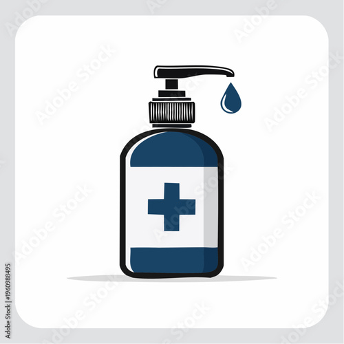 Vector illustration of a hand sanitizer bottle with a pump dispenser and a single drop of liquid, symbolizing essential hygiene, germ protection, and health awareness in public and personal spaces