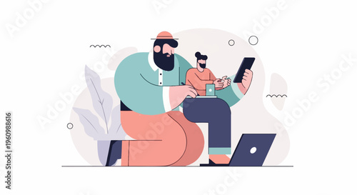 Two cartoon figures, one large and one small, interact with digital devices together