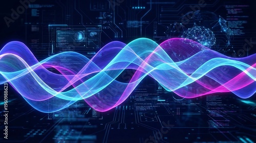 Futuristic digital sound waves, glowing blue and purple frequency lines, abstract technology background with data interface and circuit patterns