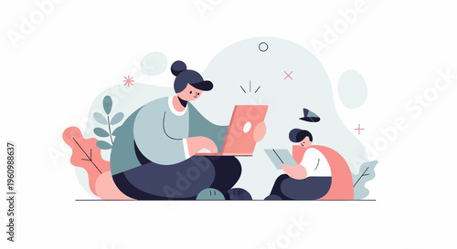 Two figures work on laptops surrounded by abstract shapes and plants