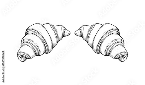 Black and white illustration of two croissants on white background
