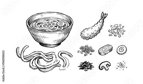 Hand-drawn japanese cuisine elements: udon, tempura, garnishes, mushrooms, spices
