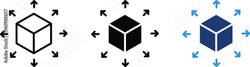 Isometric cube icons with expansion arrows, 3D box distribution and scalability symbols, flat vector set for logistics and augmented reality