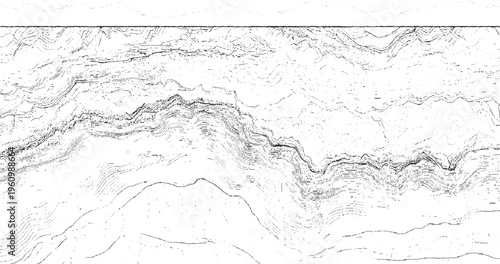 Abstract black and white contour lines forming layered geological strata or topographic map