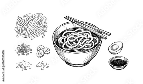 Hand-drawn ramen bowl with chopsticks, noodles, egg, and seasonings
