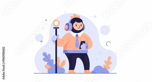 Cartoon person with headphones and a phone, holding a staff