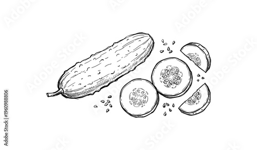 Hand-drawn cucumber sketch with whole and sliced views