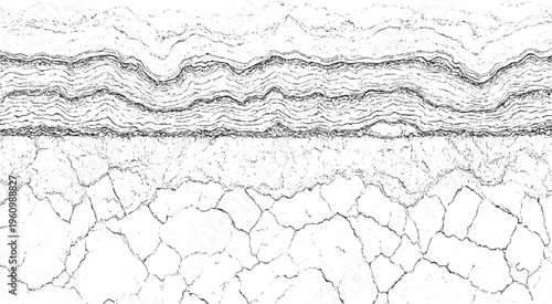 Abstract black and white cracked earth and layered geological strata texture
