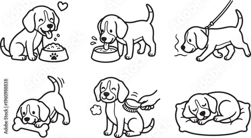 Six adorable beagle puppy illustrations: eating, drinking, walking, playing, grooming, sleeping - black and white line art