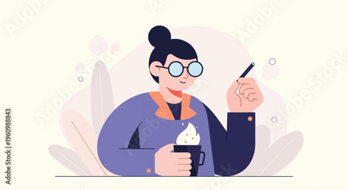Cheerful woman with round glasses holding a steaming mug and pen