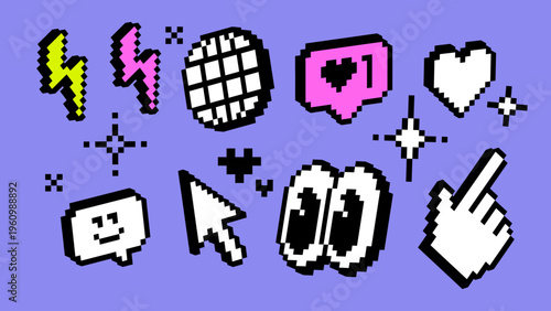 3D pixel stickers in retro 8-bit Y2K style. Cool emoji and UI icons. Cursor, hand, heart, smile, globe, eyes and lightning. Trendy digital set for social media, apps and messaging design