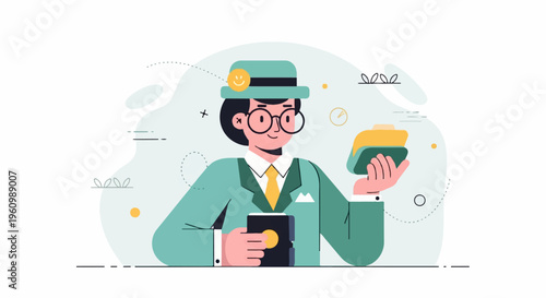Flat illustration of a person in a hat holding a folder and phone